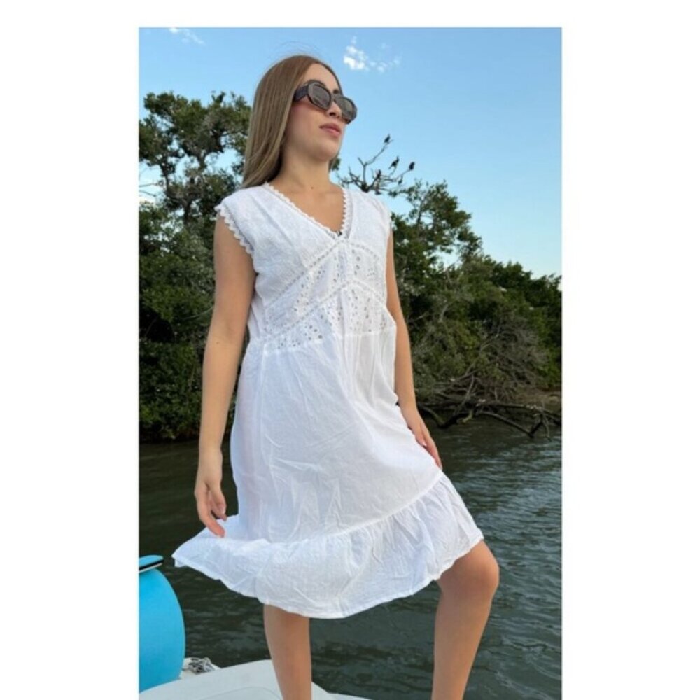White Sleeveless Eyelet Dress